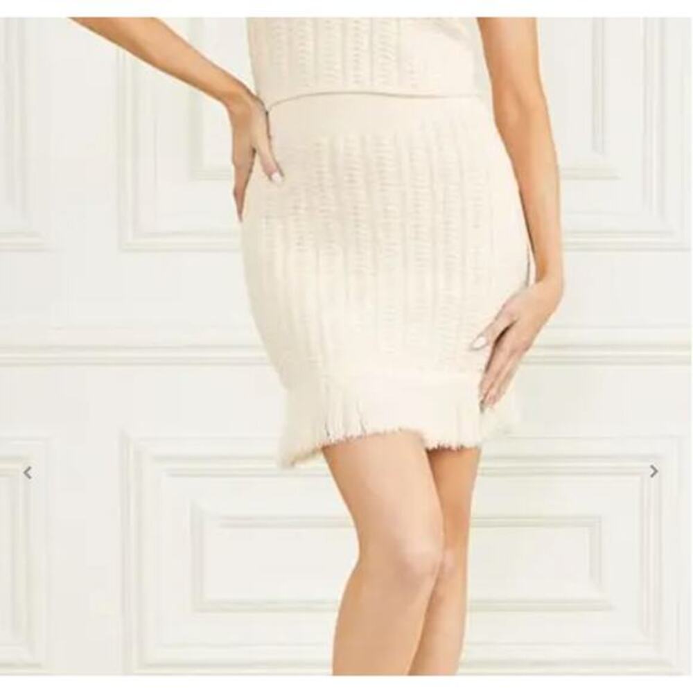 Marciano Hope Sweater Skirt cream knitted mini skirt ribbed waistband fringe hem